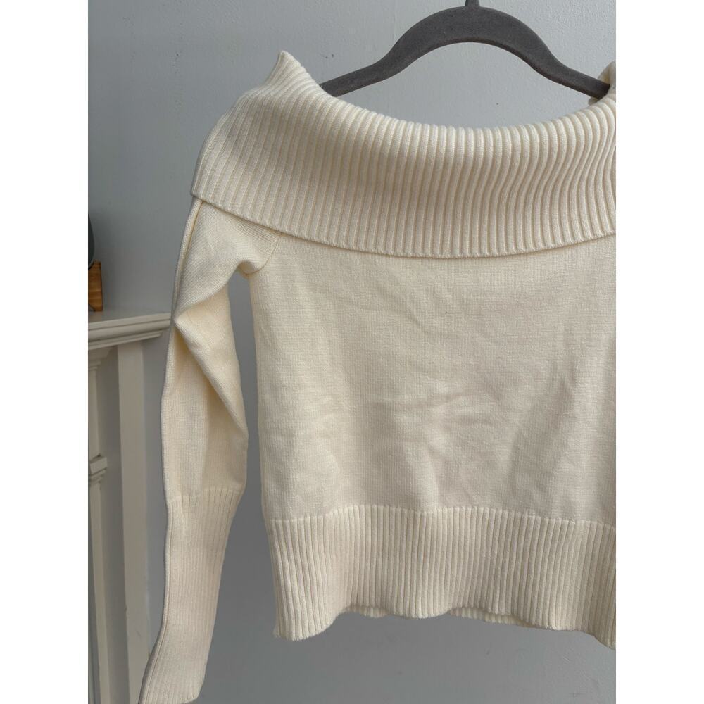 Women’s Ivory Off Shoulder Sweater Ribbed Foldover Cowl Neck Knit Pullover - Picture 6 of 10